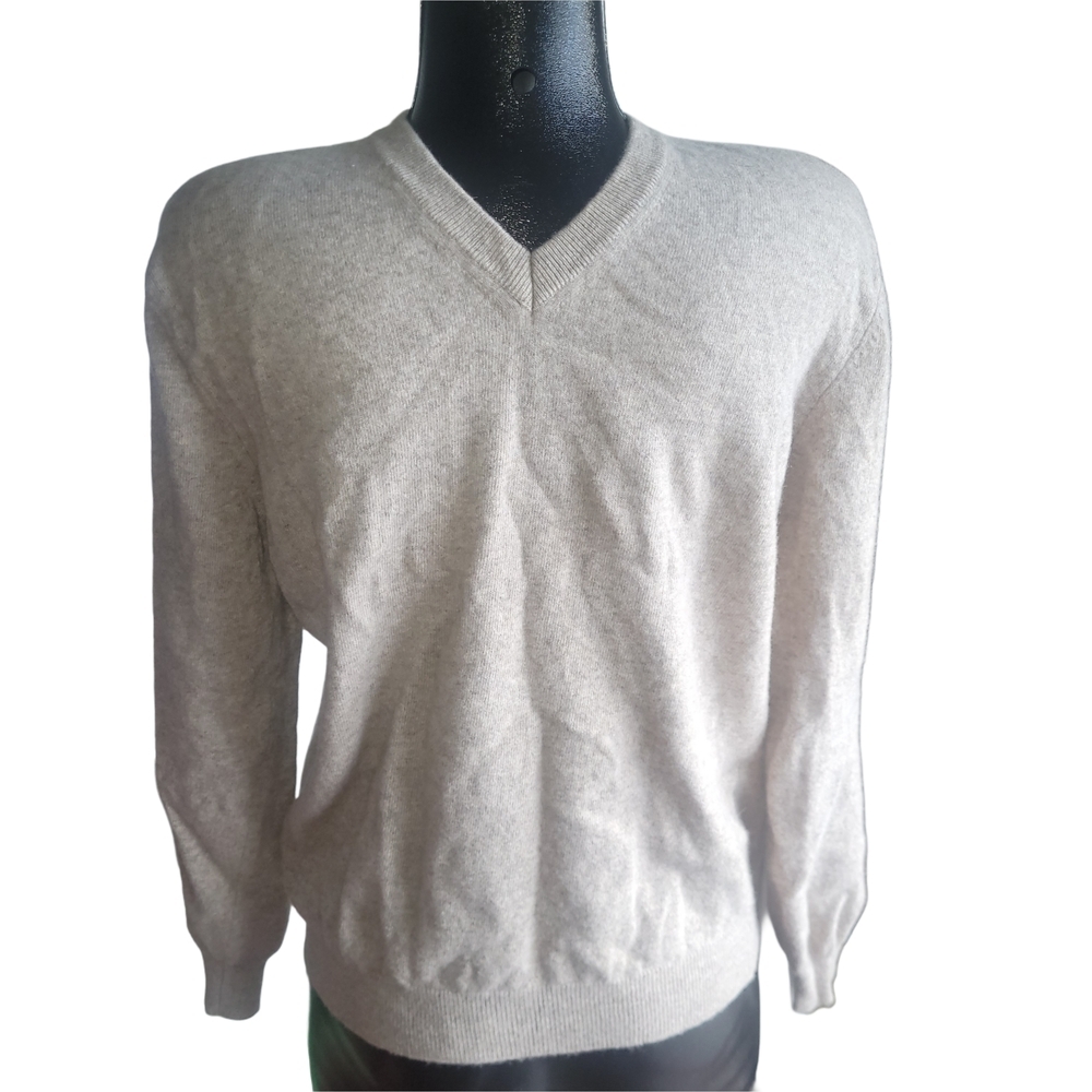 United Colors Of Benetton Cream 100% Wool V-Neck Preppy Lightweight Sweater L